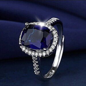 New 14k White Gold Cushion Engagement Simulated Sapphire Ring